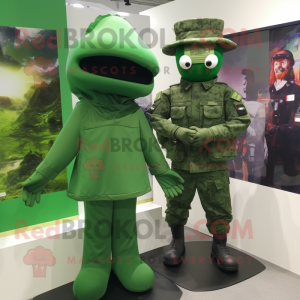 Forest Green Para Commando mascot costume character dressed with a Evening Gown and Brooches