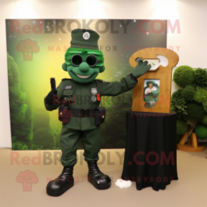 Forest Green Para Commando mascot costume character dressed with a Evening Gown and Brooches