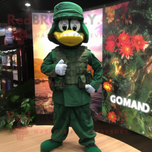 Forest Green Para Commando mascot costume character dressed with a Evening Gown and Brooches