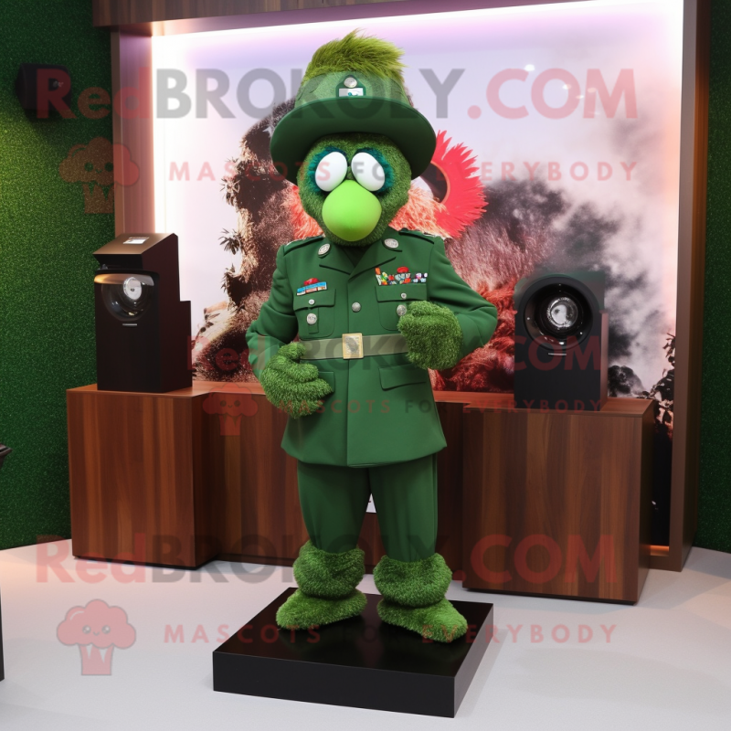 Forest Green Para Commando mascot costume character dressed with a Evening Gown and Brooches