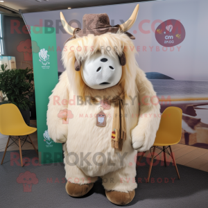 Cream Yak mascot costume character dressed with a Playsuit and Pocket squares