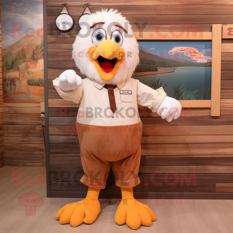 Peach Bald Eagle mascot costume character dressed with a Dungarees and Shoe laces Peach Bald Eagle mascot costume character dressed with a Dungarees and Shoe laces