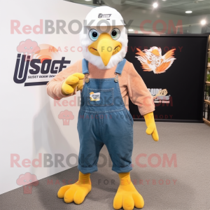 Peach Bald Eagle mascot costume character dressed with a Dungarees and Shoe laces