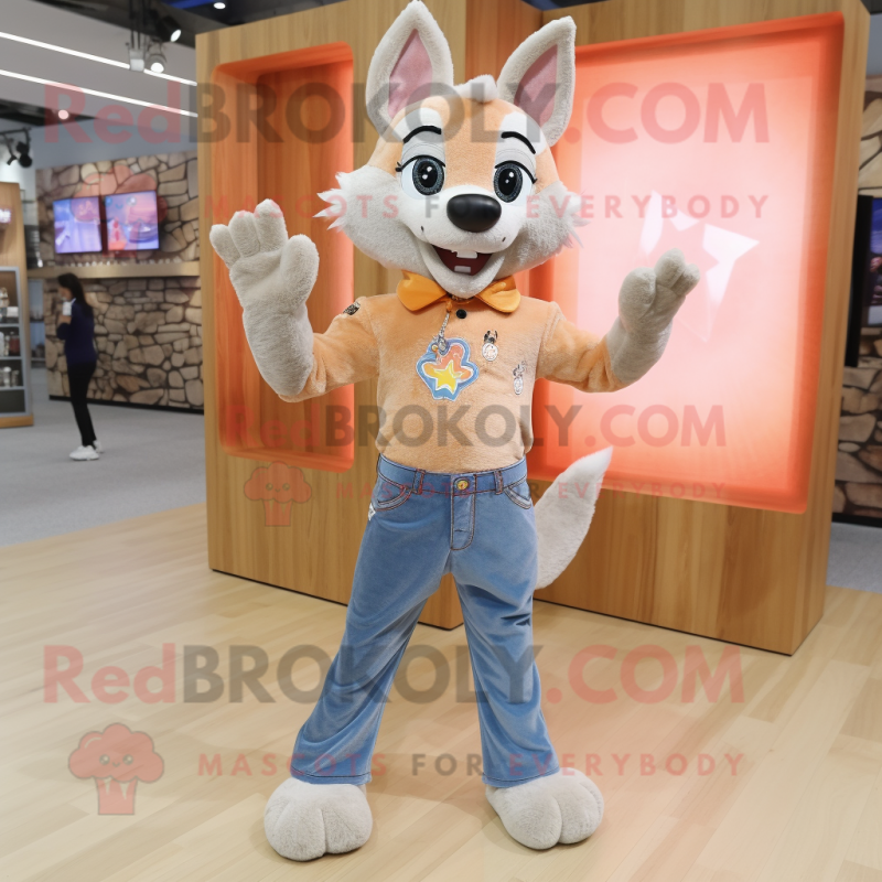 Peach Wolf mascot costume character dressed with a Bootcut Jeans and Anklets Peach Wolf mascot costume character dressed with a Bootcut Jeans and Anklets