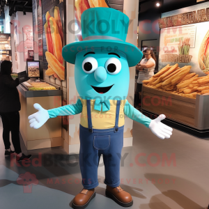 Teal French Fries mascot costume character dressed with a Henley Tee and Suspenders