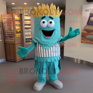 Teal French Fries mascot costume character dressed with a Henley Tee and Suspenders