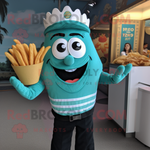 Teal French Fries mascot costume character dressed with a Henley Tee and Suspenders