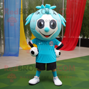 Turquoise Soccer Ball mascot costume character dressed with a Pencil Skirt and Scarves