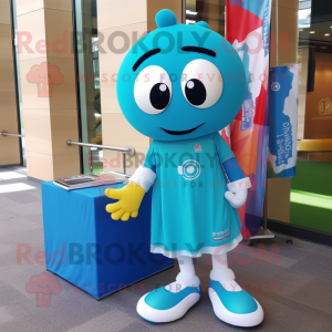 Turquoise Soccer Ball mascot costume character dressed with a Pencil Skirt and Scarves