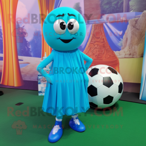 Turquoise Soccer Ball mascot costume character dressed with a Pencil Skirt and Scarves