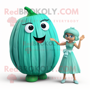 Teal Melon mascot costume character dressed with a Pleated Skirt and Watches