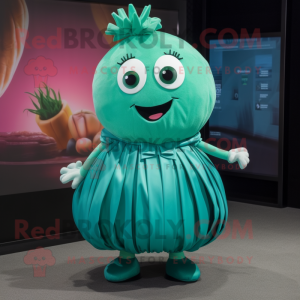 Teal Melon mascot costume character dressed with a Pleated Skirt and Watches