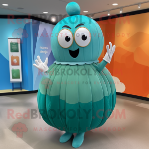 Teal Melon mascot costume character dressed with a Pleated Skirt and Watches