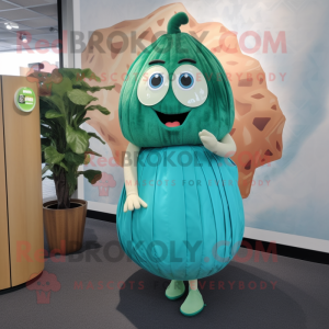 Teal Melon mascot costume character dressed with a Pleated Skirt and Watches