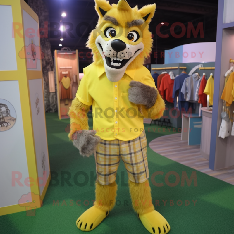 Yellow Werewolf mascot costume character dressed with a Button-Up Shirt and Shoe clips