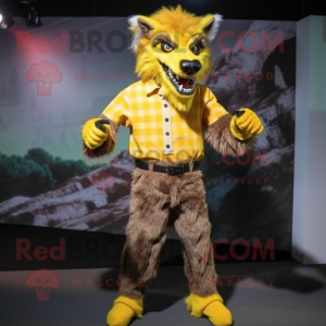 Yellow Werewolf mascot costume character dressed with a Button-Up Shirt and Shoe clips