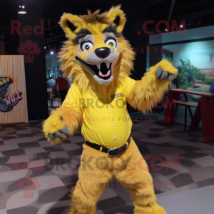 Yellow Werewolf mascot costume character dressed with a Button-Up Shirt and Shoe clips