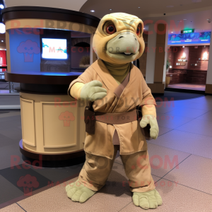 Tan Turtle mascot costume character dressed with a Cargo Pants and Shawl pins