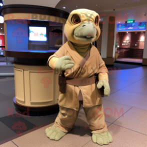 Tan Turtle mascot costume character dressed with a Cargo Pants and Shawl pins