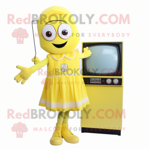 Lemon Yellow Television mascot costume character dressed with a A-Line Dress and Suspenders