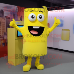 Lemon Yellow Television mascot costume character dressed with a A-Line Dress and Suspenders