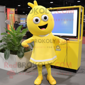 Lemon Yellow Television mascot costume character dressed with a A-Line Dress and Suspenders