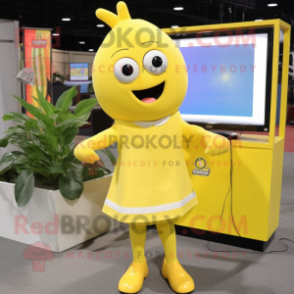 Lemon Yellow Television mascot costume character dressed with a A-Line Dress and Suspenders