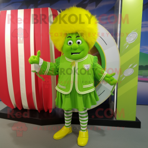 Lime Green Swiss Guard mascot costume character dressed with a Windbreaker and Hair clips