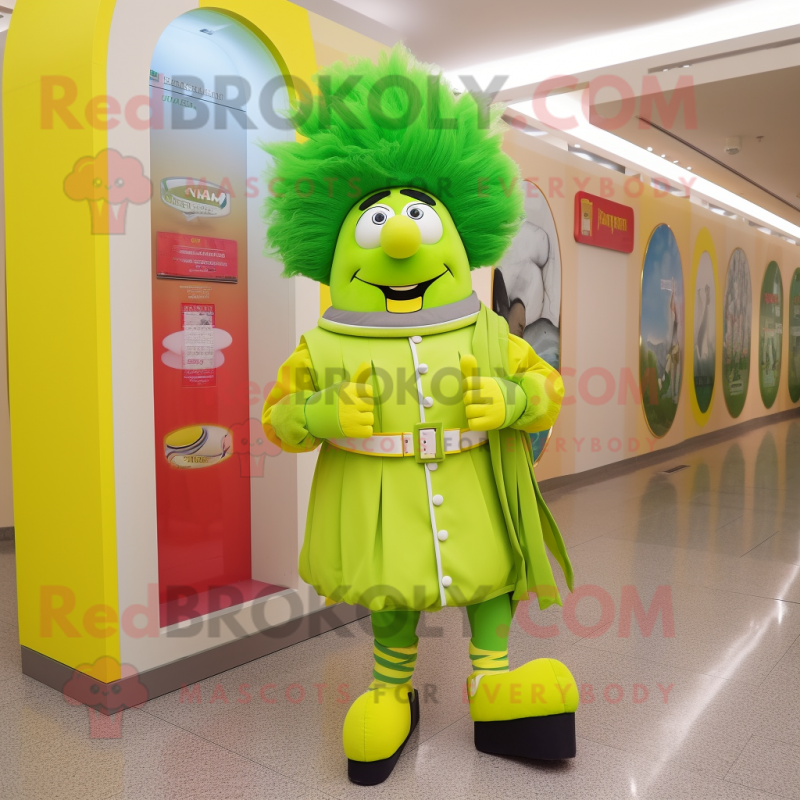 Lime Green Swiss Guard mascot costume character dressed with a Windbreaker and Hair clips