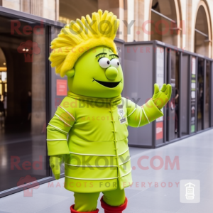 Lime Green Swiss Guard mascot costume character dressed with a Windbreaker and Hair clips
