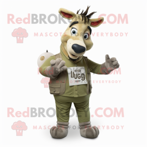 Olive Quagga mascot costume character dressed with a Chinos and Rings