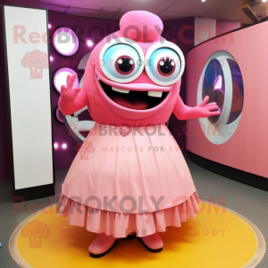 Pink Cyclops mascot costume character dressed with a Maxi Skirt and Rings