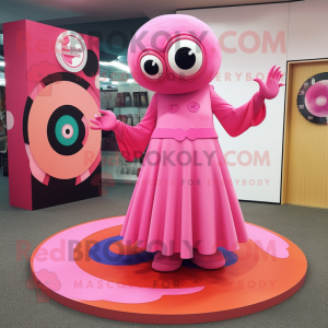 Pink Cyclops mascot costume character dressed with a Maxi Skirt and Rings