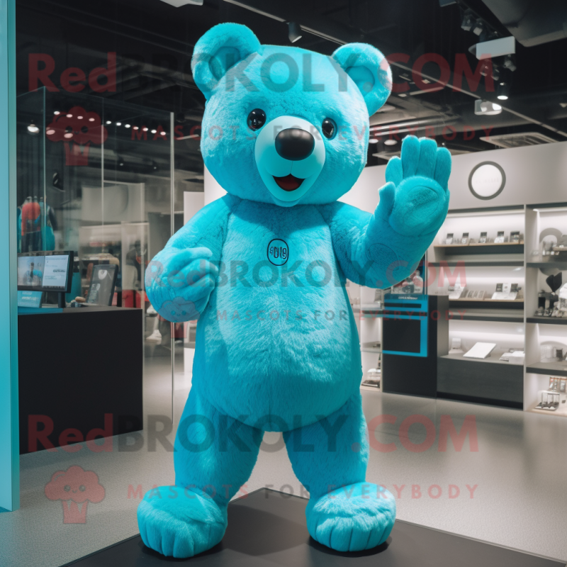 Cyan Bear mascot costume character dressed with a V-Neck Tee and Mittens