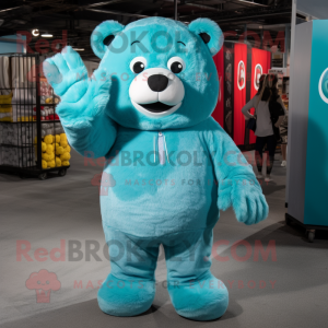 Cyan Bear mascot costume character dressed with a V-Neck Tee and Mittens
