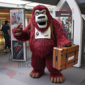 Maroon Sasquatch mascot costume character dressed with a Rash Guard and Briefcases