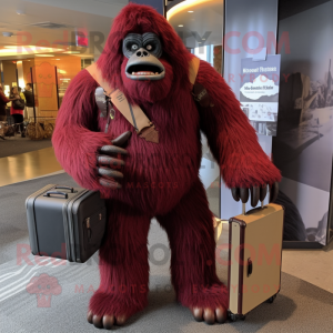 Maroon Sasquatch mascot costume character dressed with a Rash Guard and Briefcases