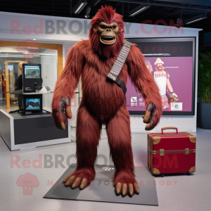 Maroon Sasquatch mascot costume character dressed with a Rash Guard and Briefcases