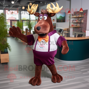 Maroon Moose mascot costume character dressed with a Cocktail Dress and Suspenders