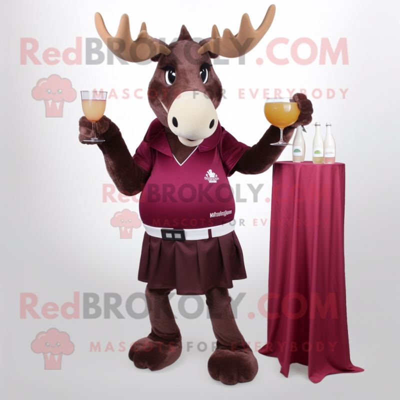 Maroon Moose mascot costume character dressed with a Cocktail Dress and Suspenders