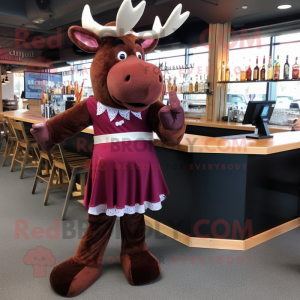 Maroon Moose mascot costume character dressed with a Cocktail Dress and Suspenders