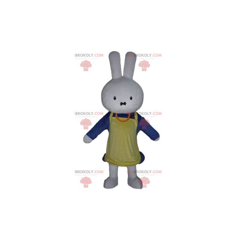 Bílý králík maskot oblečený v modré barvě se zástěrou - Bílý králík maskot oblečený v modré barvě se zástěrou -