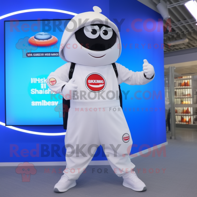 White Shakshuka mascot costume character dressed with a Jumpsuit and Smartwatches