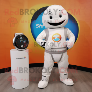 White Shakshuka mascot costume character dressed with a Jumpsuit and Smartwatches