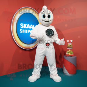 White Shakshuka mascot costume character dressed with a Jumpsuit and Smartwatches