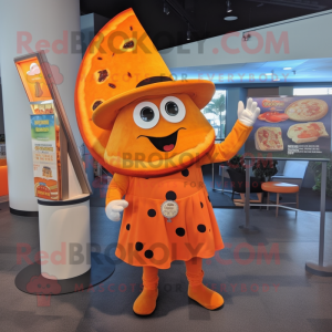 Orange Pizza Slice mascot costume character dressed with a Cover-up and Hat pins