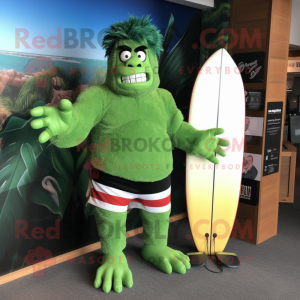 Forest Green Frankenstein'S Monster mascot costume character dressed with a Board Shorts and Wraps