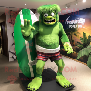 Forest Green Frankenstein'S Monster mascot costume character dressed with a Board Shorts and Wraps