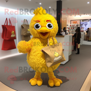 Gold Fried Chicken mascot costume character dressed with a A-Line Dress and Tote bags