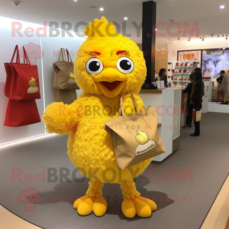 Gold Fried Chicken mascot costume character dressed with a A-Line Dress and Tote bags Gold Fried Chicken mascot costume character dressed with a A-Line Dress and Tote bags